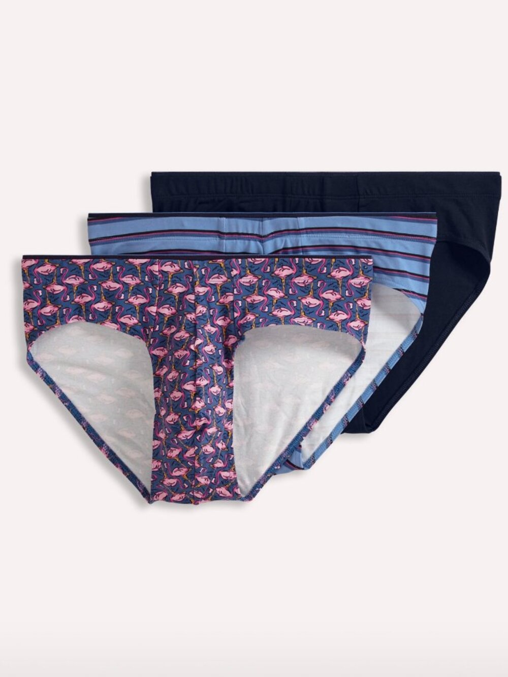 Jockey Men's Bikini 3-Pack in Navy, Light Blue Stripe and Pink Flamingo - L